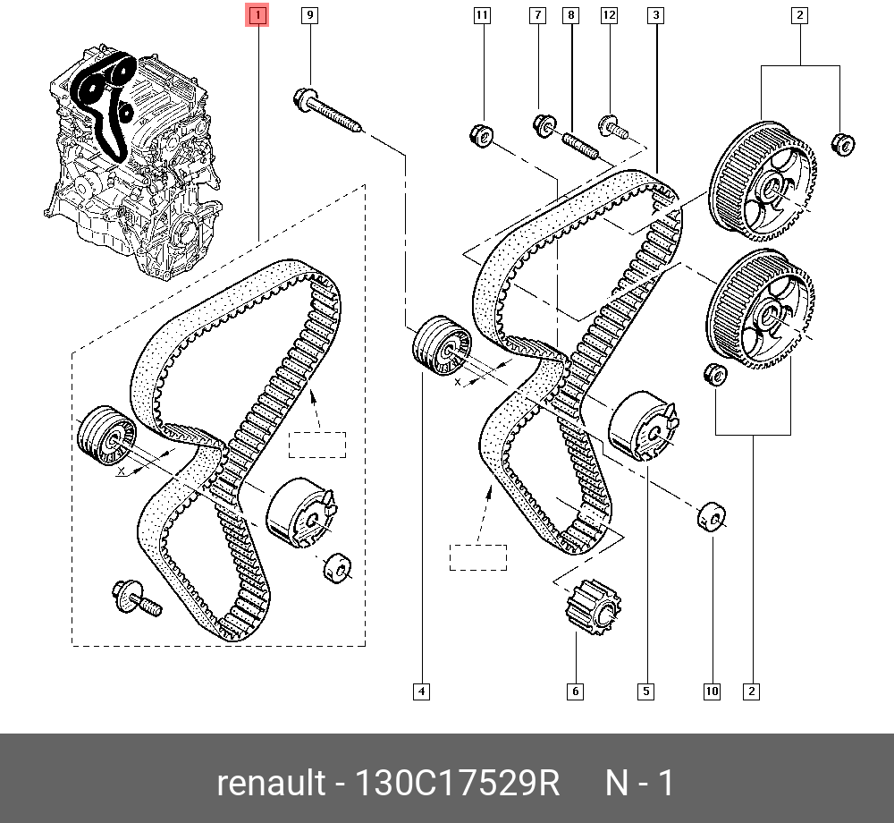 Комплект ГРМ Renault Logan, Largus 16кл (ремень+ролики) 130C17529R Renault