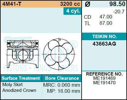 Поршень без колец Mitsubishi 4M41-T d98.5 STD (ME191469/ME191470) Teikin