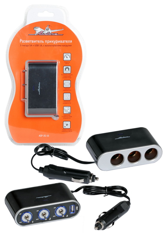 Прикуриватель-разветвитель 3 гнезда 5А + USB 1A, с выключателями нагрузки (ASP-3S-15)